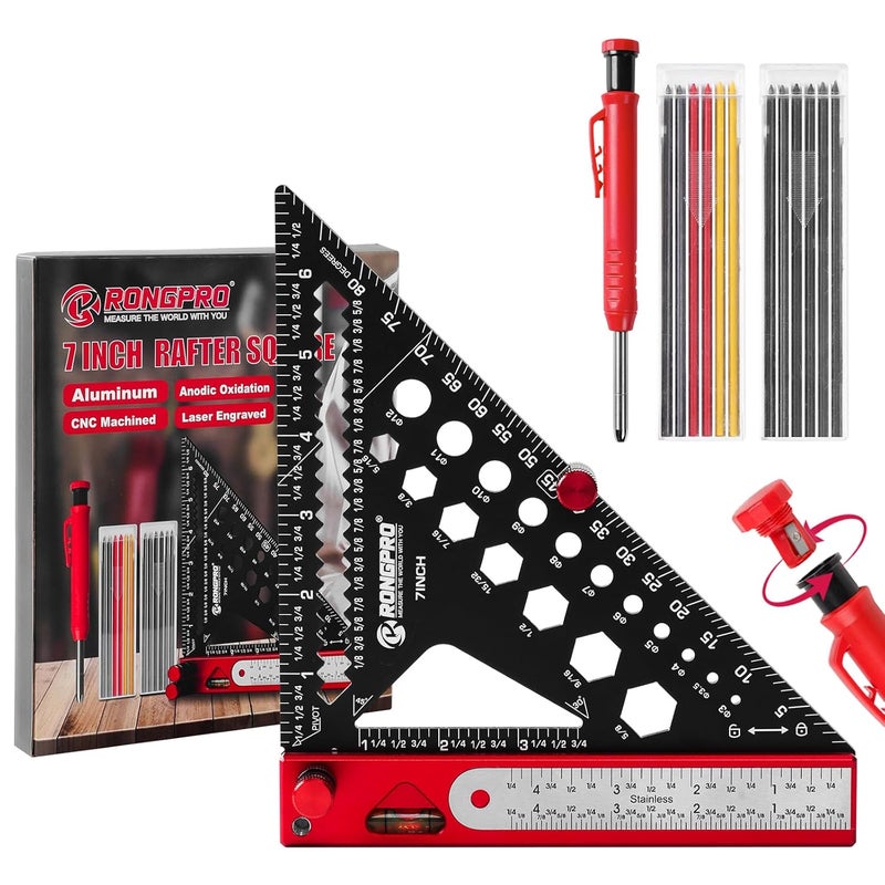 RONGPRO 8 in 1 Rafter Square with Carpenter Pencil, Multi-Purpose Carpenter Square Tools: Square, Protractor, Steel Ruler, MarkingGauge, T-Bevel Gauge, Bubble Level - Image 1